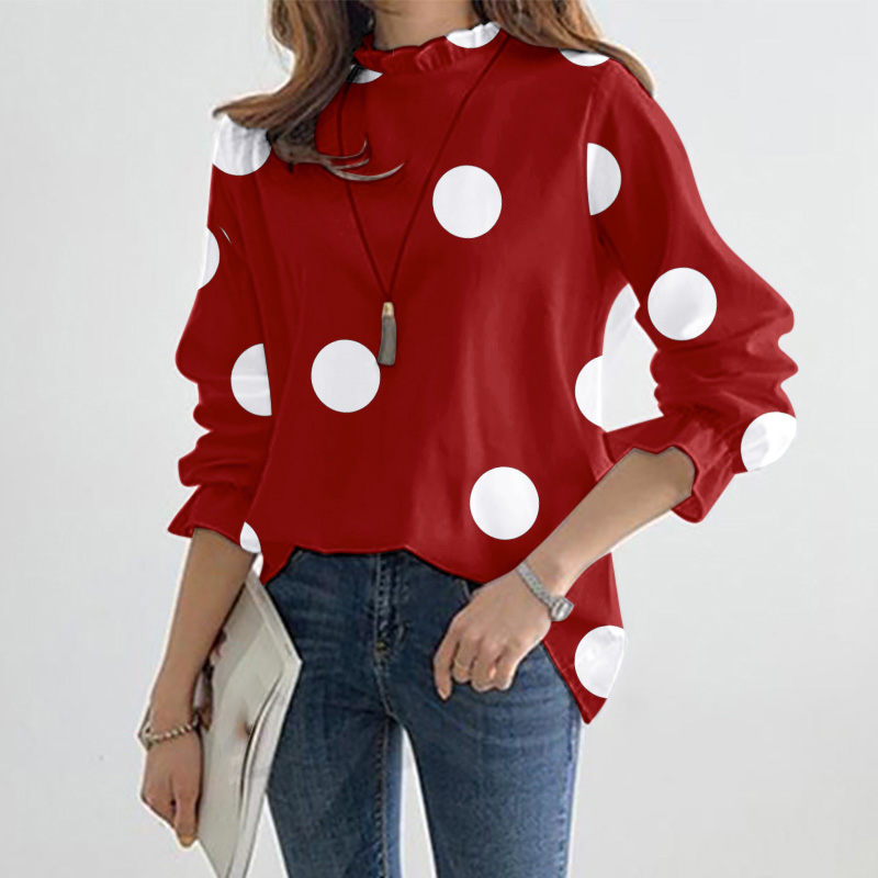 Womens Fashion Blouse Bell Sleeve Loose Polka Dot Shirt Ladies Round Neck Casual Tops 