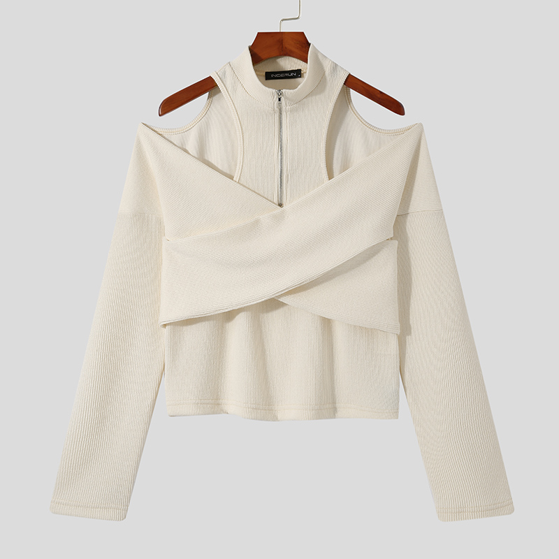 Men Fashion Long Sleeve Cold Shoulder Sweater Zipper High Neck Pullover Knit Top