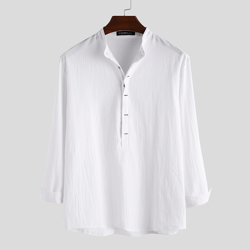 US STOCK Men's Long Sleeve 100%Cotton Solid Shirt Holiday Blouse Henley Tops - Picture 11 of 13
