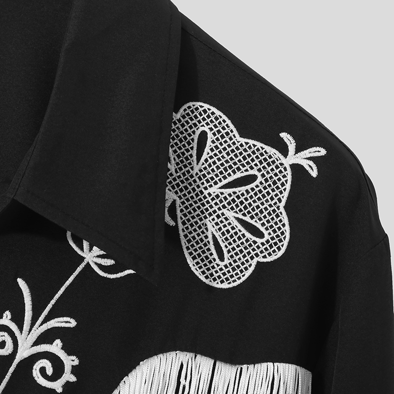 送料関税込 【NOEMOSEN】 Wood Grain Tassel Full Shirt Mens Vintage Tassel Shirt Cowboy Printed Casual Tops Button