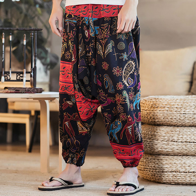 Tdoenbutw Mens Yoga Pants Loose Fit Linen Baggy Hippie Harem Pants Comfy  African Pattern Print Jogger Street Dance Pants A2-white XX-Large