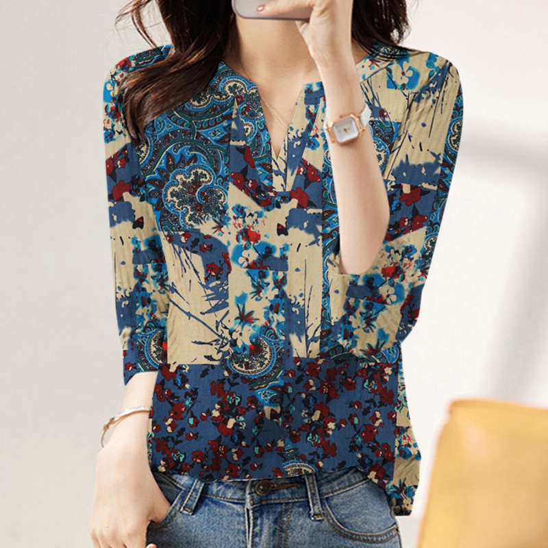 UK 8-24 Womens Printed Long Sleeve V Neck Shirt Ladies Blouse Casual Loose Tops - Picture 22 of 22