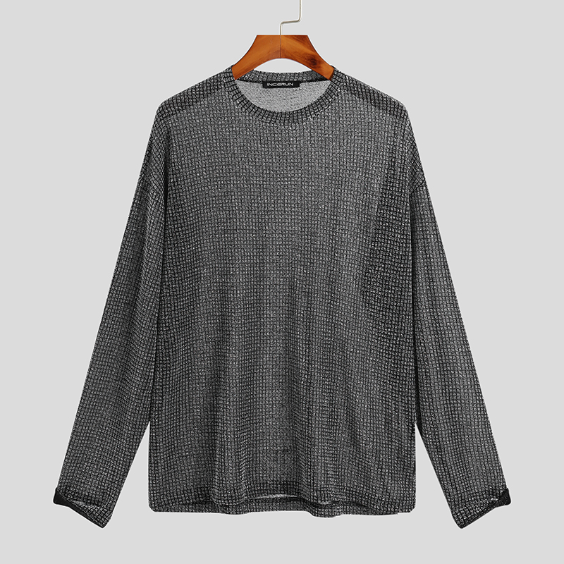 Hombres Mangas Largas Moda Ver a través Malla Prendas para el torso Prendas para club nocturno Pulóver Brillante Camiseta para el torso - Imagen 12 de 12