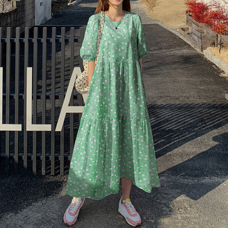 Maxi Vestido Floral Para Mujer Línea A Largo Maxi Vestido Abullonado Manga Corta Solero Plus - Imagen 15 de 15