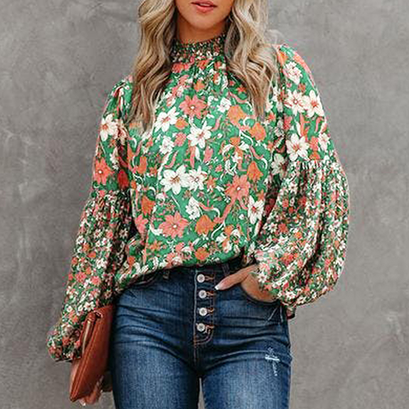 Women Floral Print Shirt Long Sleeve Tops Smocked Neck Casual 