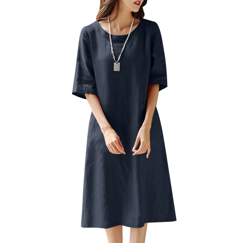 ZANZEA Women Summer Casual Loose Sundress Half Sleeve O-Neck Midi T-Shirt Dress - Picture 13 of 15