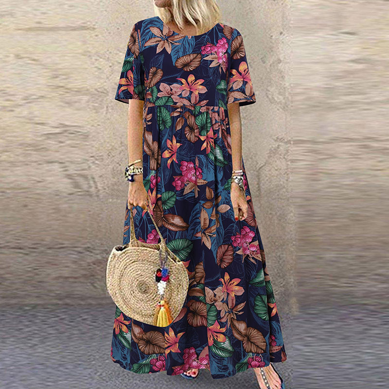 ZANZEA 8-24 Womens Short Sleeve Loose Waist Cocktial Bohemian Hippie Long Dress - Picture 16 of 16