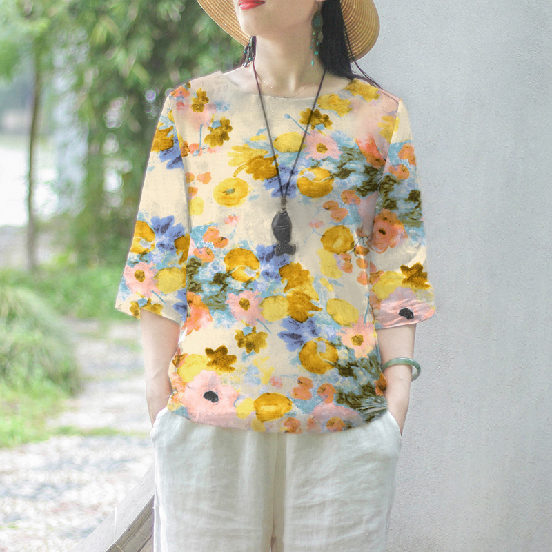 ZANZEA Women Floral Printed Blouse 3/4 Sleeve Crewneck Casual Loose Pullover Top - Picture 12 of 31