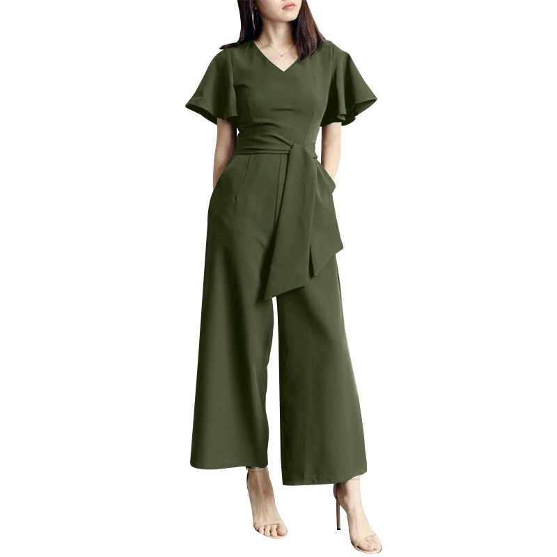 Women Jumpsuit V Neck Short Sleeve Playsuit Wide Leg Pants Overalls Dungaree NEW - Picture 14 of 14