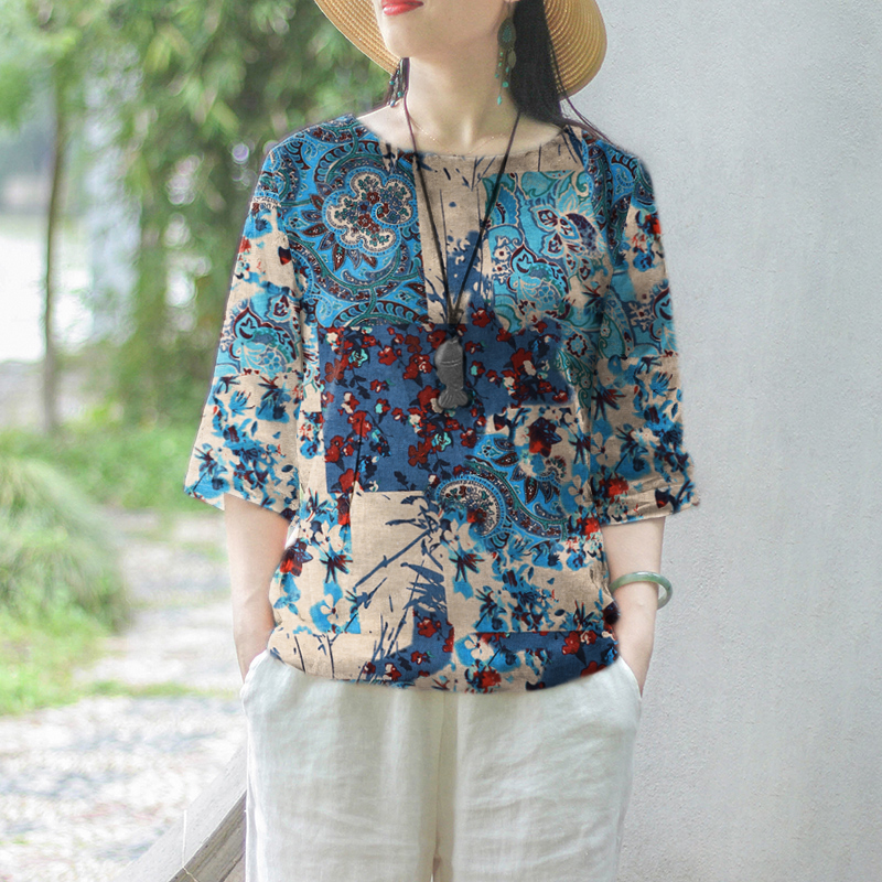 ZANZEA Women Floral Printed Blouse 3/4 Sleeve Crewneck Casual Loose Pullover Top - Picture 17 of 31