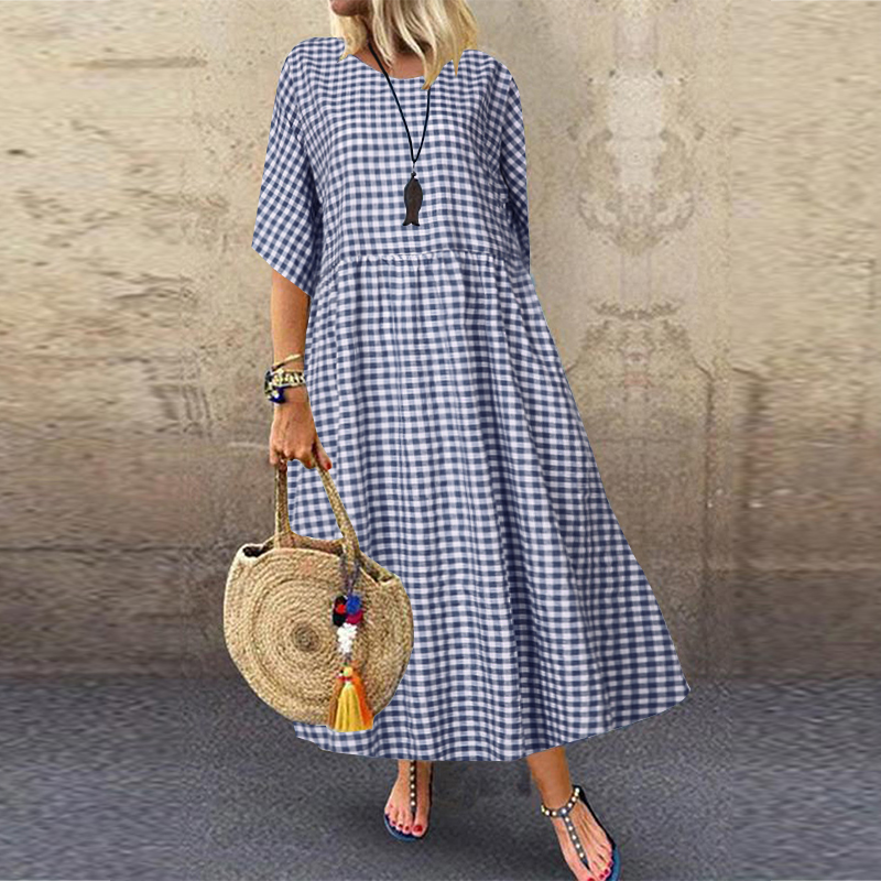 ZANZEA Womens Plaid Check Flared Sleeves Casual Loose Beach Midi Sundress Plus - Picture 12 of 13