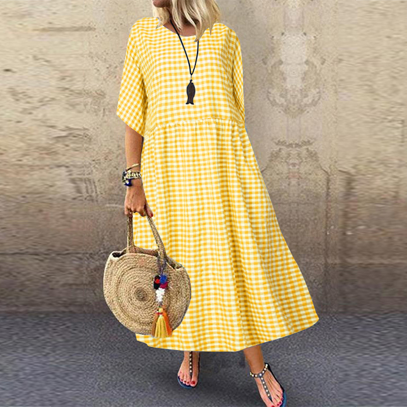 ZANZEA Womens Plaid Check Flared Sleeves Casual Loose Beach Midi Sundress Plus - Picture 11 of 13