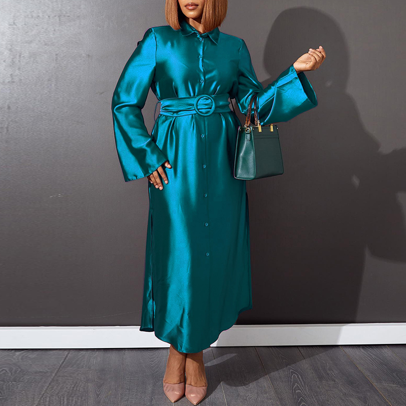 BELTED SATIN SHIRT DRESS - Emerald