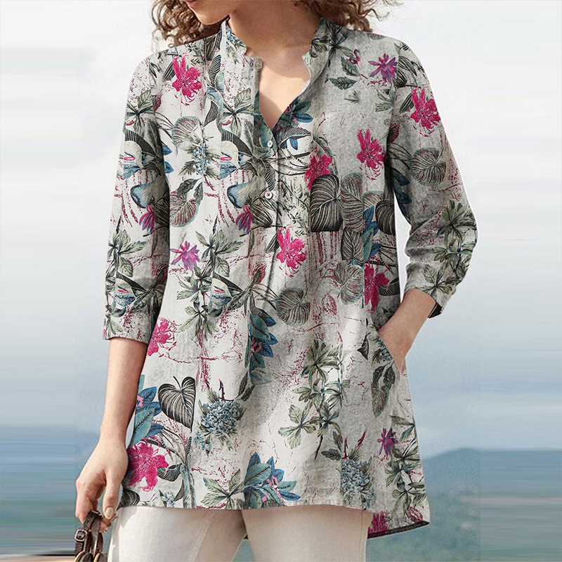 Women Linen Cotton Floral Print Shirt Blouse 3/4 Sleeve Summer Casual Loose Tops - Picture 8 of 8
