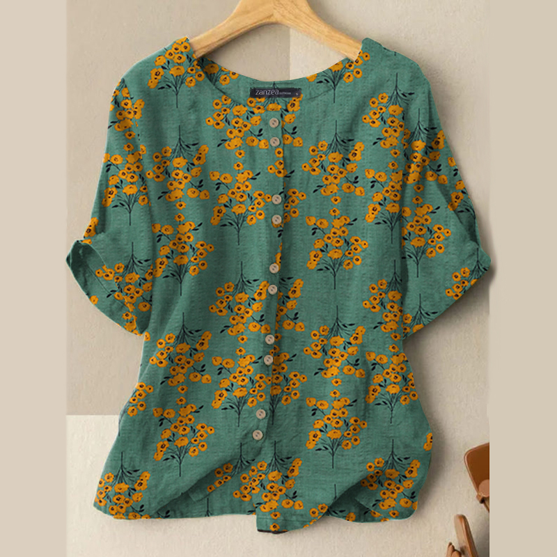 Summer Fashion Floral Print Blouse Pullover Ladies O-Neck Tee Tops