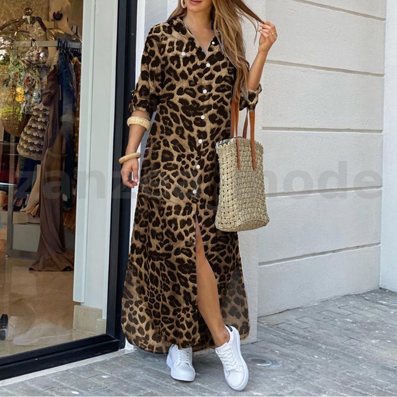 UK 8-24 Womens Long Sleeve Oversized Split Dress Leopard Printed Shirt Dress 