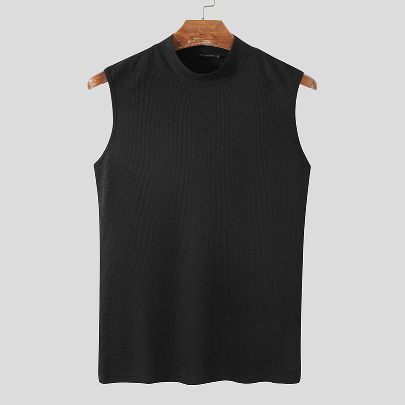 Men's Sleeveless High Neck Knitted Vest T Shirts Casual Slim Fit Blouse Top  Tees