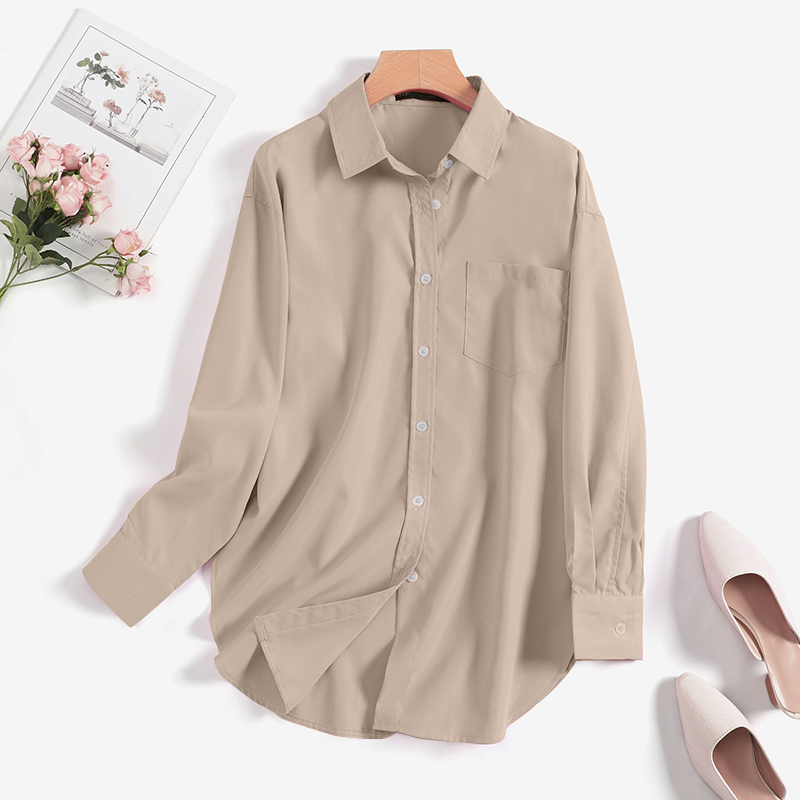 Womens Long Sleeve Plain Lapel Shirts Formal School Business Oversized Tops Tee - Picture 15 of 15