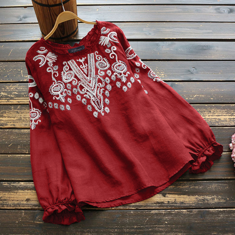 ZANZEA Womens Floral Embroidered T Shirt Long Sleeve Casual Oversized Hippie Tee - Picture 13 of 15