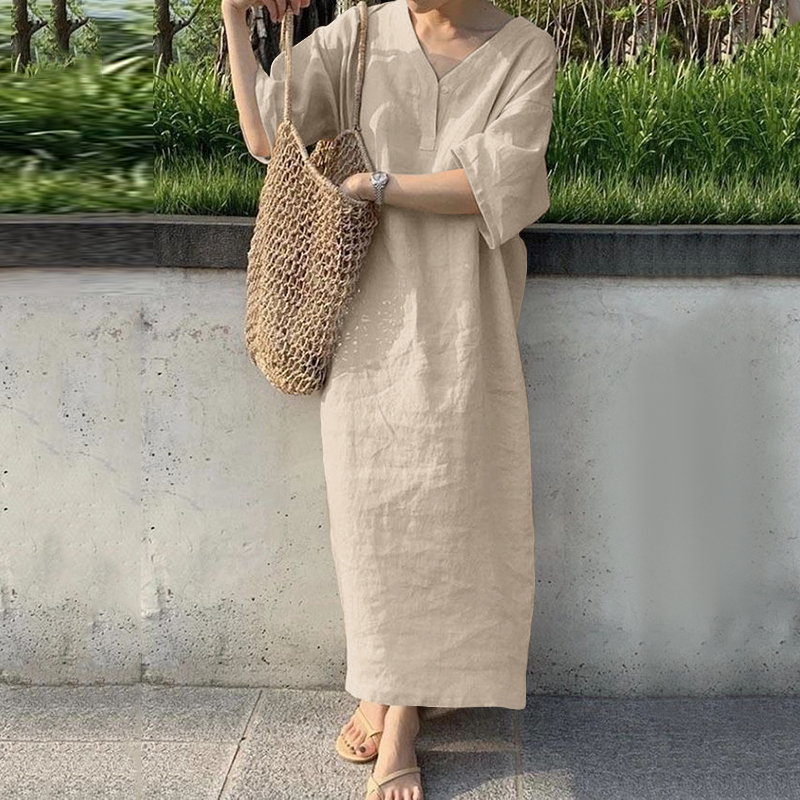 Summer Women V Neck 3/4 Sleeve Long Dress Casual Loose Shirt Dresses Kaftan Plus
