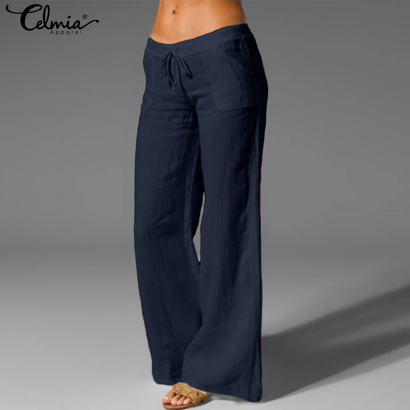 Womens High Waist Cotton Linen Trousers Ladies Casual Baggy Wide Leg Bottom  Pant