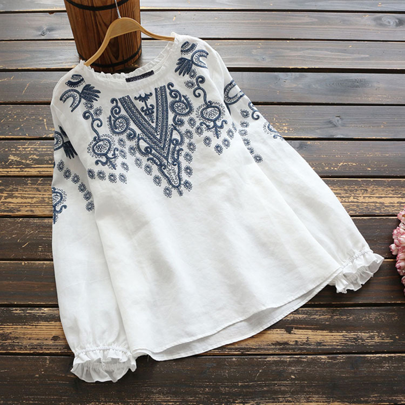 ZANZEA Womens Floral Embroidered T Shirt Long Sleeve Casual Oversized Hippie Tee - Picture 12 of 15