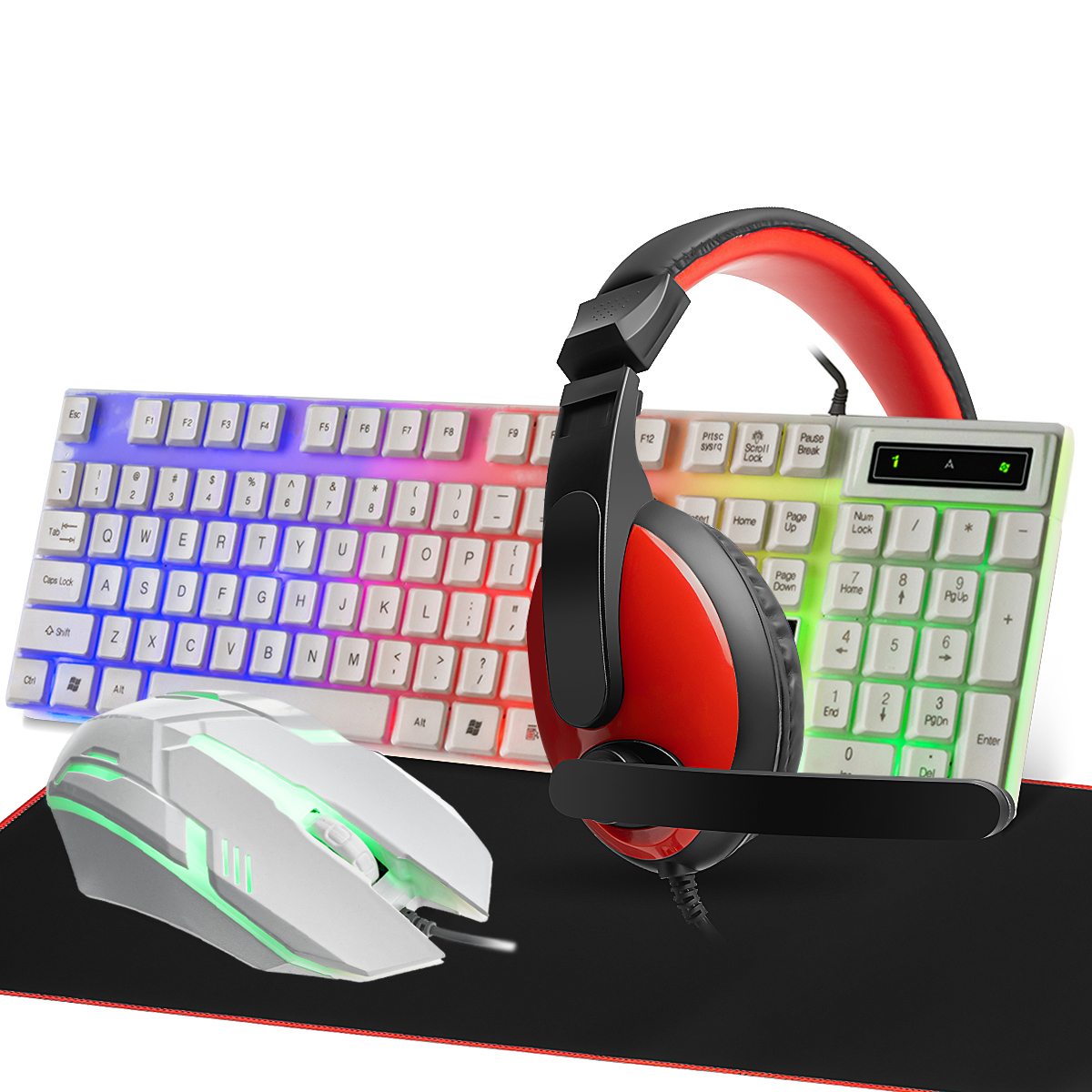 Gaming Headset Mat Keyboard and Mouse Combo Wired Black 4 in 1 Set Rainbow LED