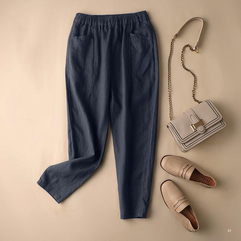 Womens Summer Casual Loose Harem Trousers Elastic Waist Cotton Linen Chino Pants - Picture 11 of 14