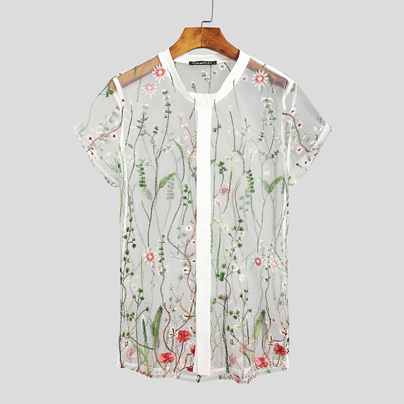 Men Sexy Shirt Short Sleeve Floral See Through Tops Fashion Mesh Sheer Beach Tee - Bild 14 von 14