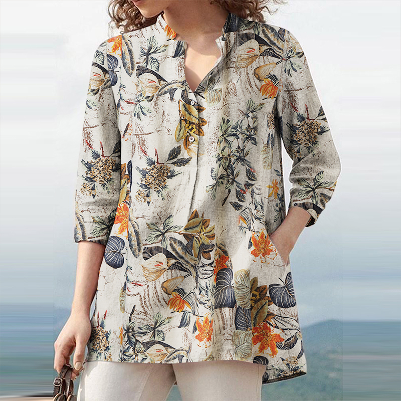 Women Linen Cotton Floral Print Shirt Blouse 3/4 Sleeve Summer Casual Loose Tops - Picture 7 of 8