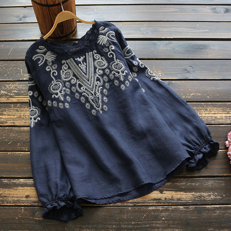 ZANZEA Womens Floral Embroidered T Shirt Long Sleeve Casual Oversized Hippie Tee - Picture 11 of 15