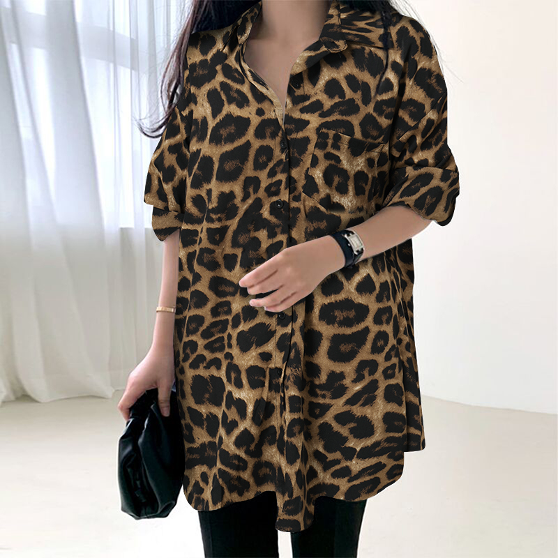 Womens Long Sleeve Leopard Printed Shirts OL Office Workwear Baggy Floral Tops - Picture 13 of 13