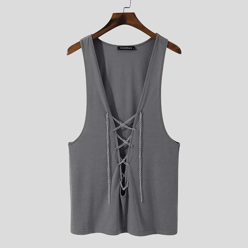 Mens Sleeveless Deep V Neck Lace Up Vest Tank Tops Casual Party Clubwear T  Shirt