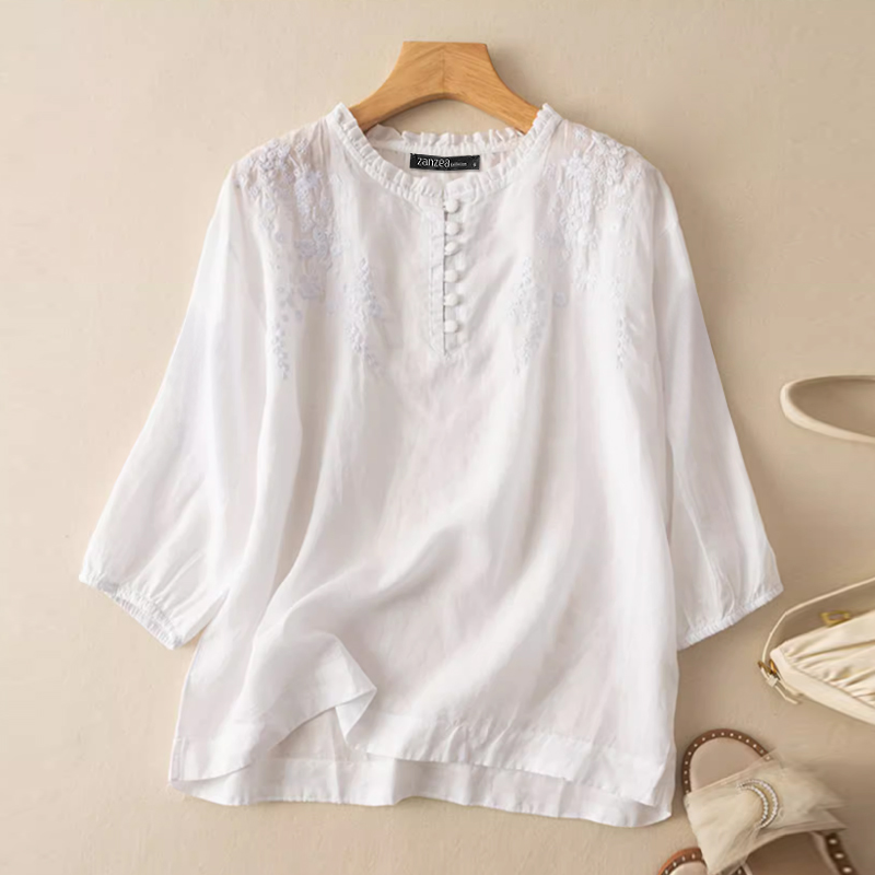 ZANZEA Women 3/4 Sleeve O Neck Floral Embroidery Tops Solid Cotton Shirts Blouse