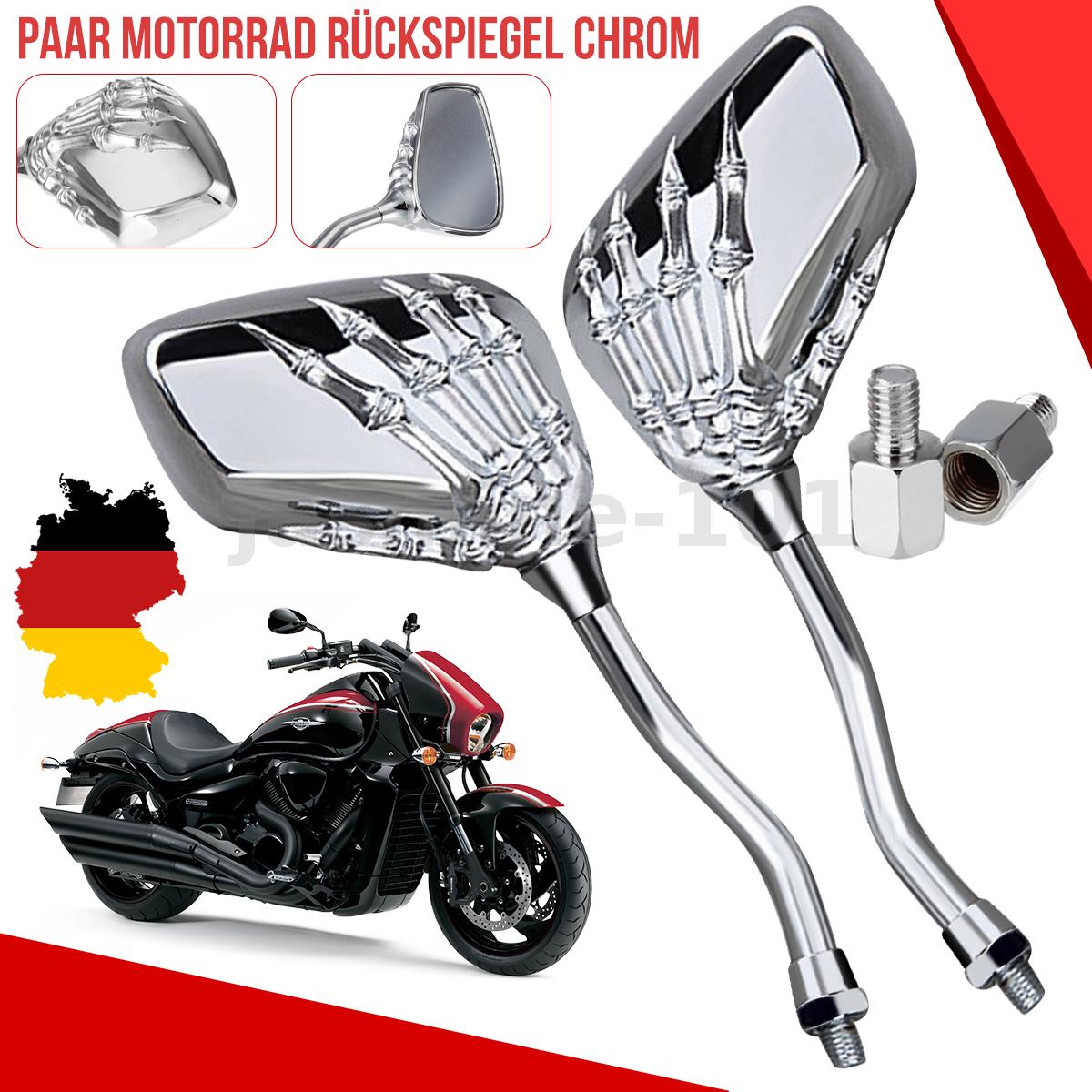 2x Universal Motorrad Rückspiegel Spiegel Schädel Skelett Hand 8mm 10mm Chrom
