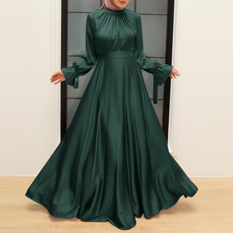 Women Silky Satin Muslim KAftan Abaya Long Sleeve Round Neck Long Maxi Dress NEW - Picture 14 of 16