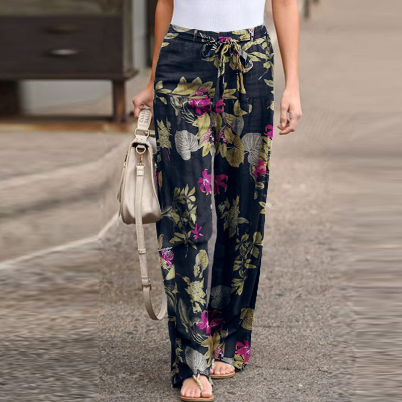 Womens Summer High Waist Floral Printed Pants Belted Wide Straight