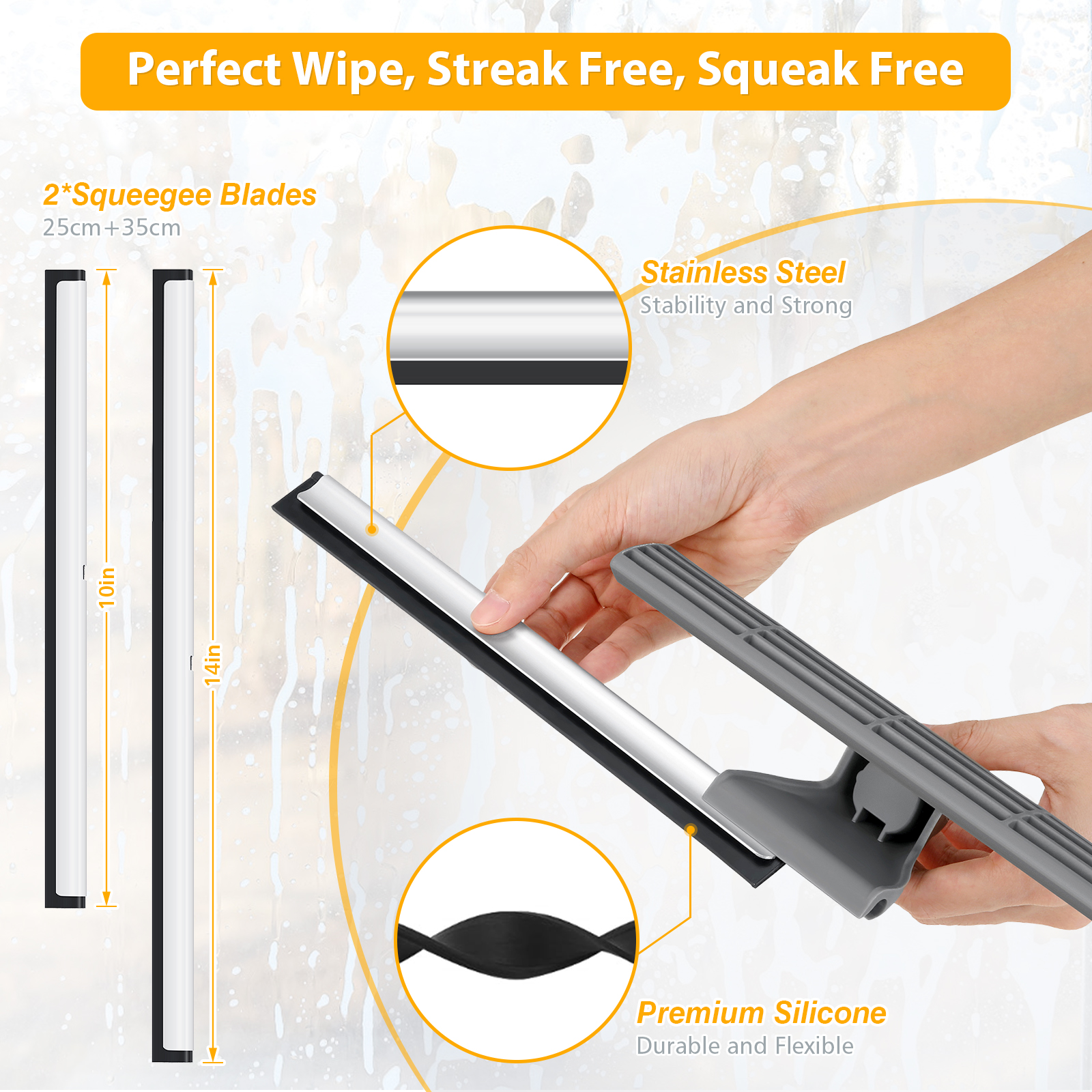 Black 35cm 14in Glass Squeegee For Window Cleaning, All Purpose Home Cleaner Tool For Car Windshield, Mirror, Glass Door (14in/35cm, Black - View #3