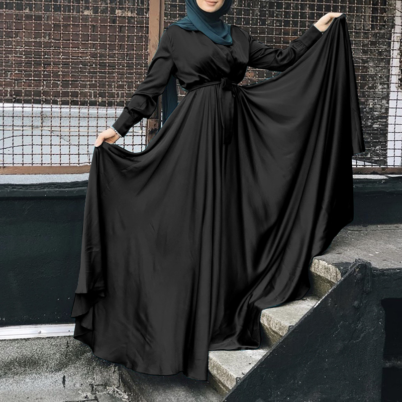 ZANZEA Women Satin Silky Muslim Kaftan Long Sleeve Gown Evening Long Maxi Dress