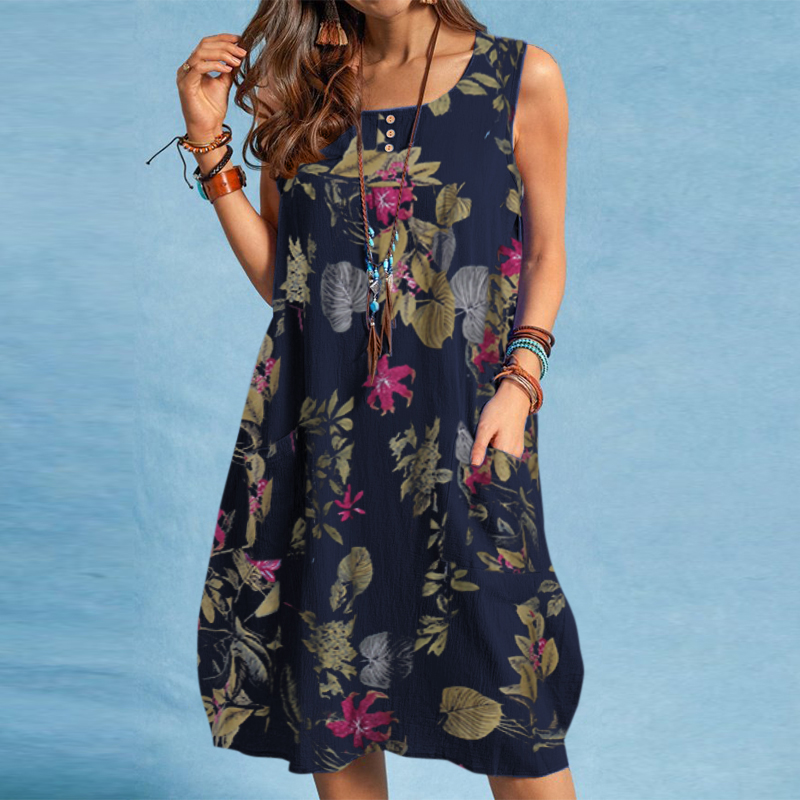 Women Vintage Sleeveles O Neck Floral Printed Cotton Mini Dress Pocket Sundress 