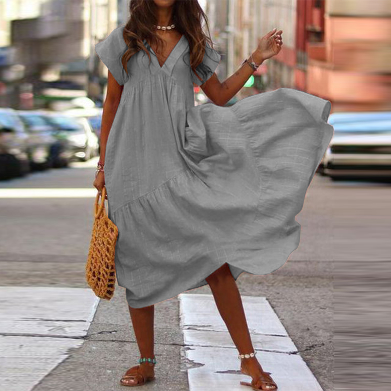 Maxi Vestido Largo de Gran Tamaño para Mujeres Mangas Cortas Cuello en V Largo Vestido de Vacaciones Liso Largo - Imagen 13 de 16