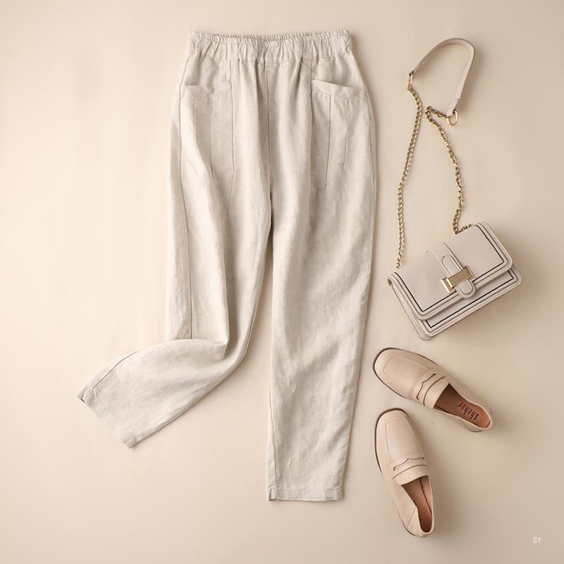 Womens Summer Casual Loose Harem Trousers Elastic Waist Cotton Linen Chino Pants - Picture 12 of 14