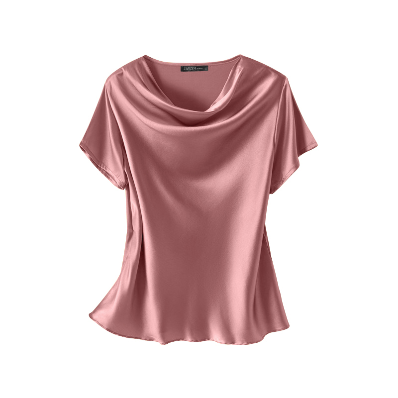 Womens Satin Silky Ladies Tops Short Sleeve Cowl Neck Loose Party Club T  Shirts