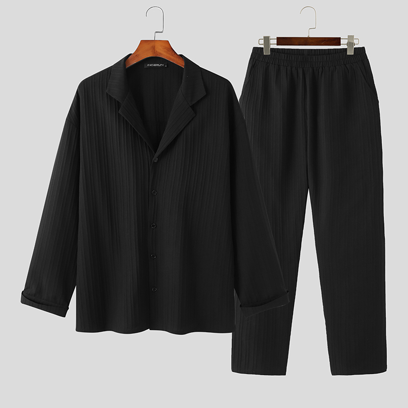 Hombres Manga Larga Informal Camisas con Botones Cintura Elástica Pantalones Trajes Ropa de Salón Conjunto - Imagen 13 de 14