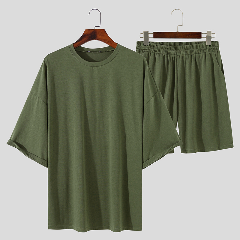 Hombres Manga Corta Informal Suelto Ropa de Salón Cuello Redondo Camisetas Pantalones Cortos Pijama Conjuntos - Imagen 13 de 14