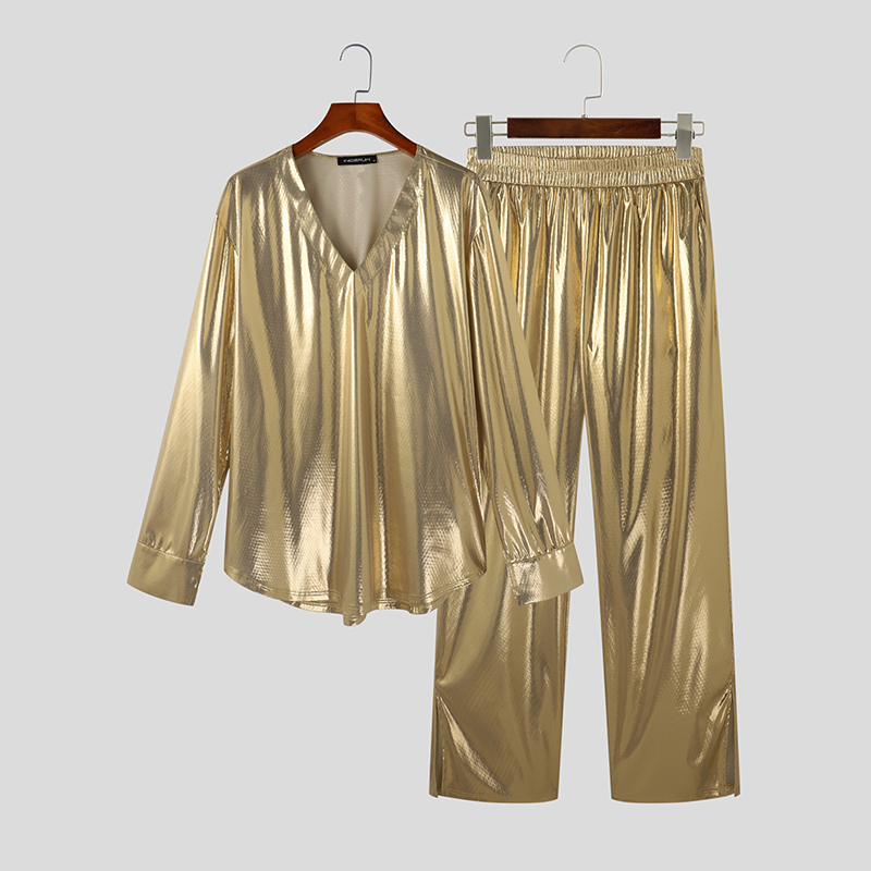 INCERUN Men Metallic Shiny Long Sleeve Top Shirt Party Club Dance Pants Trousers