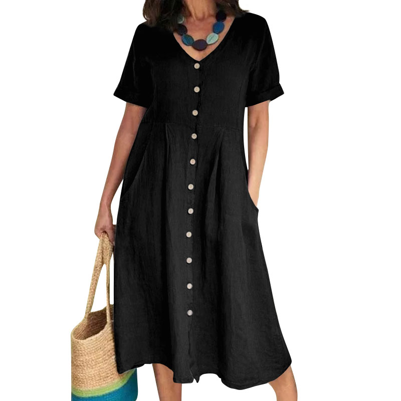 Womens V-neck Shirt Dress Short Sleeve Cotton Linen Button Pocket Loose Dresses