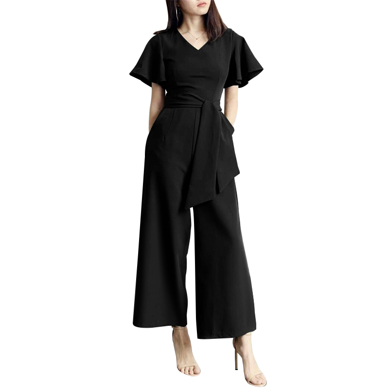 Women Jumpsuit V Neck Short Sleeve Playsuit Wide Leg Pants Overalls Dungaree NEW - Picture 12 of 14