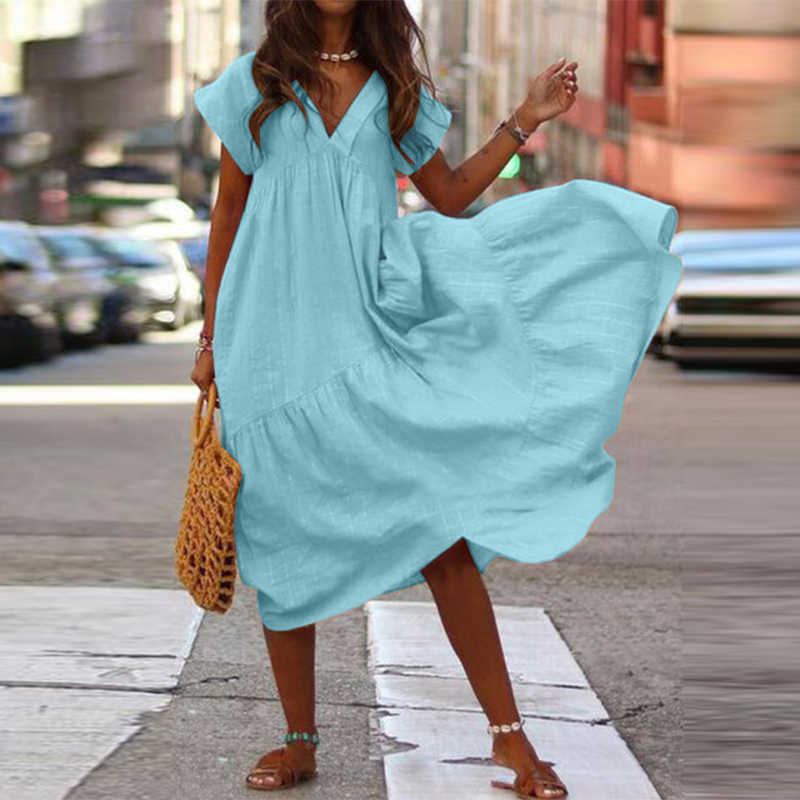 Maxi Vestido Largo de Gran Tamaño para Mujeres Mangas Cortas Cuello en V Largo Vestido de Vacaciones Liso Largo - Imagen 16 de 16