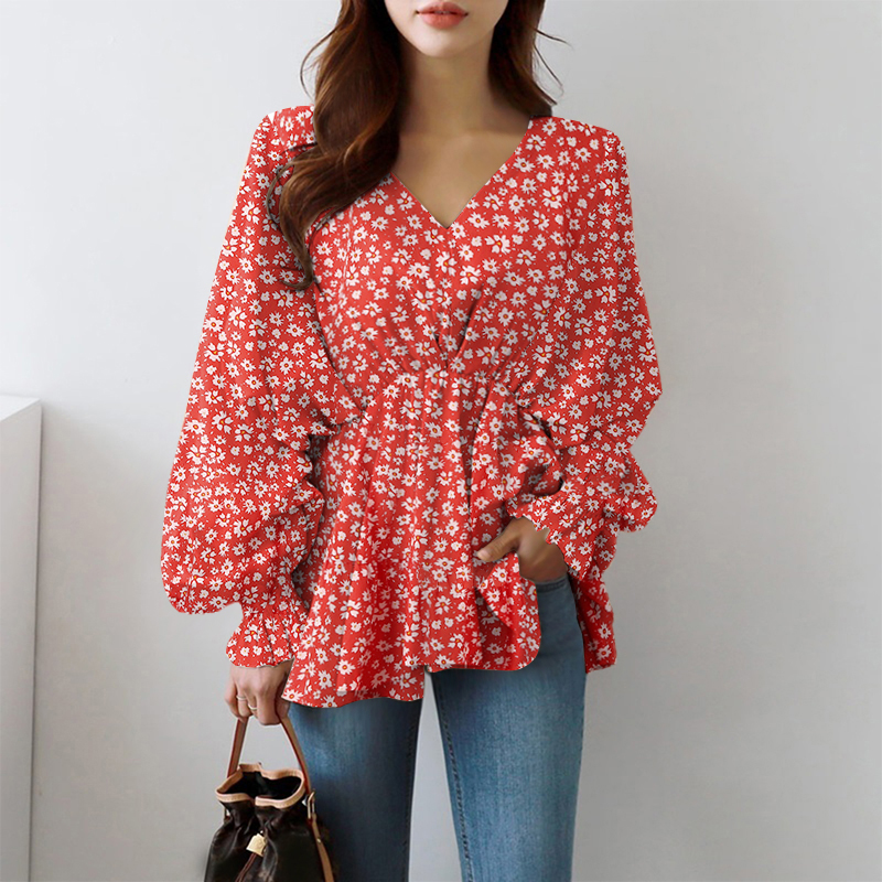 Blouse For Women Red Polka Dots V-Neck Casual Long Sleeves Tops 